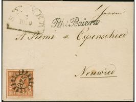 6 Kr. braun, allseits breitrandig, mit klarem gMR "325" auf Briefhülle mit nebengesetztem Halbkreis "SPEYER 10/9" (1852) und 