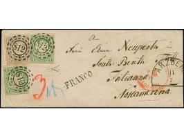 12 Kr. lila mit 2 Einzelwerten 1 Kr. grün, alle farbfrisch und voll- bis meist breitrandig, mit klar aufgesetztem oMR "812" u