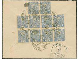 1902, Prince Nikola I. 1 h. ultramarine, block of 8 and horizontal pair each tied by Austria ship mark “SELENE IE LLOYD 21.2.