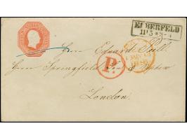 Oktogon 7 Sgr. ziegelrot im Kleinformat, Schilling-Nr. 1, mit nebengesetztem Ra2 "ELBERFELD 11/3" (1856), nach London. Sehr s