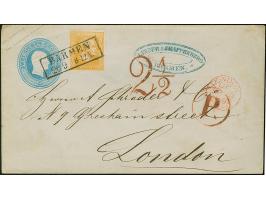 3 Sgr. orange, voll- bis breitrandig und farbfrisch, als Zufrankatur auf Ganzsachenumschlag 2 Sgr. blau, mit übergehendem Ra2