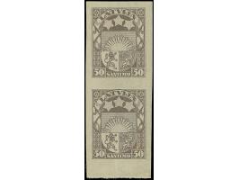 1924/25, Coat of arms 1-50 santimi, imperforated archival proofs, mostly horizontal pairs, 1 and 10 santimi as block of four,