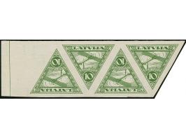 1928, Airmail 10 santimi green, imperforated archive proofs, horizontal strip of four with left sheet margin, without gum, fi