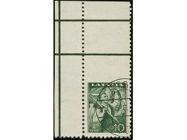 1939, Harvest Festival 10 santimi dark green, upper left sheet corner, imperforated at top, used with part cds. “RIGA”, scarc