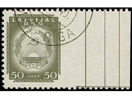 1940, Coat of arms 50 santimi gray, with right sheet margin, imperforated at right, used with part cds. “RIGA”, scarce in use
