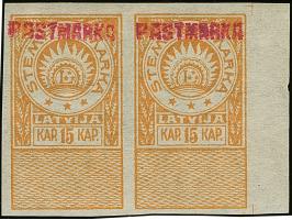 1919, Stempelmarka with reddish overprint “PASTMARKA” 15 kap. orange, imperforated horizontal pair, unused, very fine, scarce