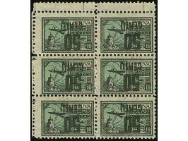 1922, New Currency surcharge Airmail 50 centu and 10 auksinas, inverted surcharge, block of six with gutters at top, reverse 