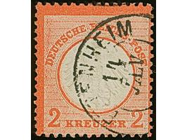 2 Kr. ziegelrot mit Plattenfehler “Innenkreisbruch über K von KREUZER”, mi klarem DKr. “PFORZHEIM 14,JAN,”. Die farbfrische, 