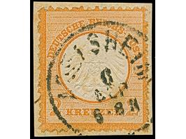 2 Kr. orange mit Plattenfehler “Kerbe im Innenkreis unter P in POST” (Feld 114), mit EKr. “ADELSHEIM 6.SEP.” auf Briefstück. 