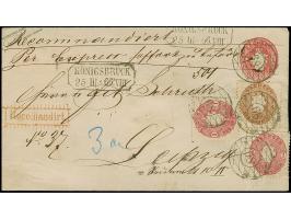 3 Ngr. braun und 2 Einzelwerte 1 Ngr. lebhaftlilarot, mit sauber aufgesetzter Nr. "68" als Zufrankatur auf Ganzsachenumschlag