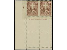 1939, Caritas 10-50 senti, blocks of four from the lower right sheet corner with printing Dates in the margin and additional 