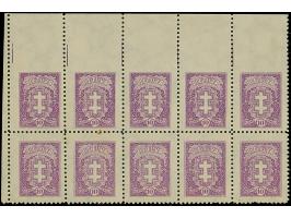 1926/27, Warrior Cross 10 centu violett, block of 10 from the upper left sheet corner, upper row all stamps imperforated at t