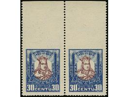 1930 Grand Duke Vytautas 30 centu, horizontal pair with upper sheet margin, imperforated at top, mint never hinged with hinge