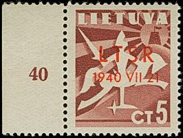1940, Lithuanian SSR 5 centu with red overprint, with left margin, mint never hinged, minor fingerprint on reverse, fine, sca