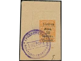 1919, 50 sk. on 1 kopek orange imperforated, from the upper left sheet corner, tied by provisional cancel “GRODNO” to small p