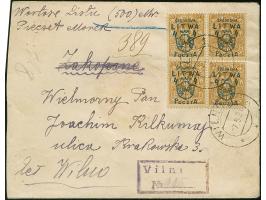 1920, Coat of Arms overprint issue 4 marka on 30 sk. brown, for stamps added as block of four, with additional franking, tied