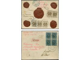 1920, Coat of Arms overprint issue 4 marka on 20 sk. blue, block of four, with additional franking, tied by cds. “WILNO 25 4 