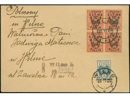 1920, Coat of Arms overprint issue 4 marka on 10 sk. red, block of four, with additional franking, tied by cds. “WILNO 26 11 