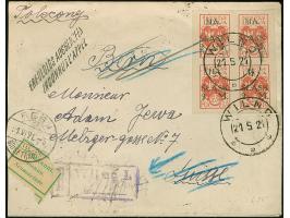 1921, Referendum fund for Upper Silesia 2 marka on 25 fen, block of four, with additional franking, tied by cds. “WILNO 21 5 