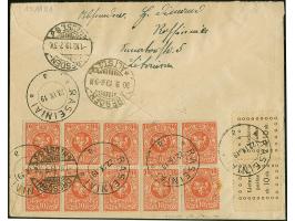 1919, Third Kaunas Issue 10 skatiku, horizontal pair, together with Fourth Berlin Issue 10 skatiku block of six, horizontal p