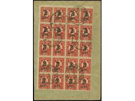 1922, New Currency surcharge 3 centu on 40 skatiku, block of 20, tied by cds. “MAZEIKIAI 28.VIII.23” to reverse of cover to L