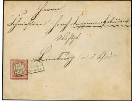 3 Kr. karmin mit Plattenfehler “beschädigter Innenkreis unter DEU in DEUTSCHE” (Feld 129), mit Rahmenstempel "FRANKFURT A.M. 