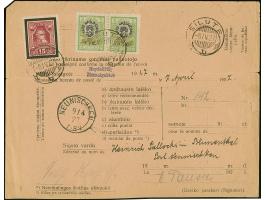 1926, War orphans + 2 on 5 centu green, horizontal pair together with Basanavicius 15 centu, tied by cds. "SILUTE -8.IV.27" t