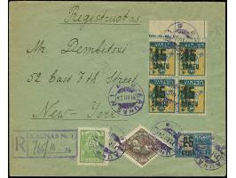 1922, New Currency surcharge 15 centu on 4 auksinas, block of four with bottom sheet margin, inverted surcharge, together wit
