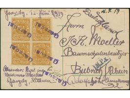 GARZDAI: 1919, Fourth Berlin Issue 30 skatiku, block of four, tied by provisional straight-line ""Garzdai" to picture postcar