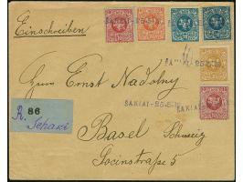 SAKIAI: 1919, First Berlin Issue 10 skatiku carmine on blue-gray, two singles, with additional franking, tied by straight-lin