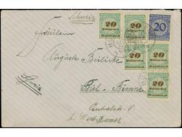 1923, Korbdeckel 20 Mrd. M. gezähnt, fünf Einzelmarken in Mischfrankatur mit Rentenpfennig 20 Pfg. je mit Stempel “MÜNCHEN 18