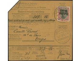 1916, Germania 50 Centimes auf 40 Pfennig mit Stempel “BORGWORM 16.7.18” auf Nachnahmepostanweisung über “357,16” nach Engis,