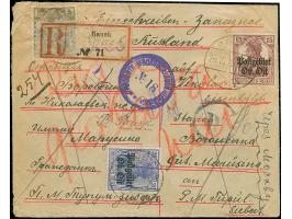 1916, Germania 5, 15 und 20 Pfennig mit Stempel "BAUSK 26.10.18" auf R-Brief nach Russland mit vorderseitiger Zensur über "MO
