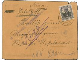 Germania 15 Pfennig mit Stempel "RIGA 13.7.18" auf Brief an einen Kriegsgefangenen in Peterhof im nicht existierenden "Pawels