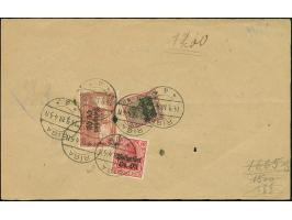 1916, Germania 1 Mark rot mit Zufrankatur mit Stempel “RIGA 14.9.18” rückseitig auf provisorischem Formular für ein Telegramm