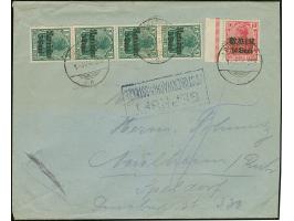 “BUKAREST d 1-JUN -918” sauber und klar, dreimal auf Germania 5 Pfennig im senkrechten Viererstreifen und Randstück Germania 