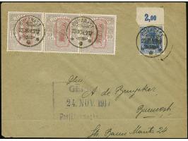 1917, 10 Bani graubraun, waagerechter Dreierstreifen mit Zufrankatur Germania 20 Pfennig blau mit Stempel “BUKAREST 23 NOV 91