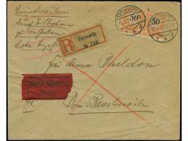 1920, 50 Pfennig auf 5 Mark orange, Aufdrucktype IIa, waagerechtes Paar, sauber mit Stempel “TARNOWITZ 15.3.20” auf portogere