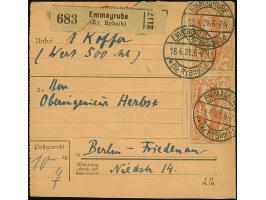 1920, Hüttenwerke 5 Mark orange, zwei Einzelwerte, sauber mit Stempel "EMMAGRUBE 18.4.21" auf Paketkarte nach Berlin, obere M