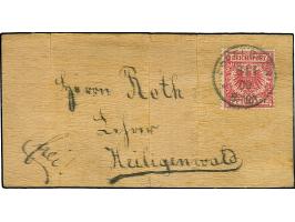 1890, Krone/Adler 10 Pfg. lebhaftlilarot mit Stempel “….8.1.00” auf Holz-Postkarte mit rückseitig aufgeklebtem Zündholz-Werbu