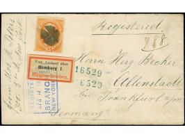 1878, “Vom Ausland über Hamburg 1”, geschnittener R-Zettel &nbsp;auf R-Brief mit USA Daniel Webster 15 C. orange mit Korkstem