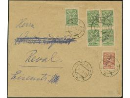 1919, 2 kopek green, perforated, block of four and single together with 5 kopek brown, tied by cds. “TALLINN 7-5 19” to addre