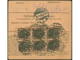 1920, Aufdruckausgabe im Hochoval 50 Pfennig, zwei Einzelwerte und 6er-Block vorder- bzw. rückseitig mit Korkstempel und Aufg