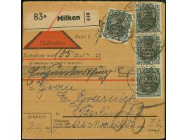 1920, Aufdruckausgabe im Hochoval 75 Pfennig, senkrechter Dreierstreifen und Einzelwert, sauber mit Aufgabestempel “MILKEN 16