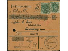 1920, Aufdruckausgabe im Hochoval 5 Pfennig, zwei Einzelwerte, sauber mit Stempel “SORQUITTEN 6.8.20” auf Postanweisung über 
