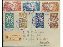 1933, 10th Anniversary of the Republic complete set of seven stamps tied to registered cover by violet ISTANBUL 29.10.1933 to