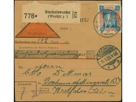 1920, 2. Mailänder Ausgabe 5 Mark, sauber Aufgabestempel “BISCHOFSWERDER 4 9 20” auf Nachnahme-Paketkarte über “192 Mark” nac