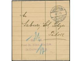 1915, “Rp (2½) H Frei lt. Einn. Nachw. in Daressalam”, violetter L4 klar auf Drucksachen-Streifband von “DARESSALAM (DOA) c 8