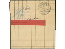 1915, “Rp (2½) H. Frei lt. Einn. Nachw. in Daressalam” violetter L4 klar auf Drucksachen-Streifband von “DARESSALAM (DOA) c 8