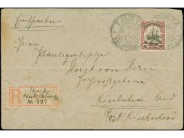 1914, “TAVETA DEUTSCHE FELDPOST 26.11.14” klar auf Kaiseryacht 45 H. mit Wasserzeichen auf R-Brief mit fehlerhaftem Blanko-R-